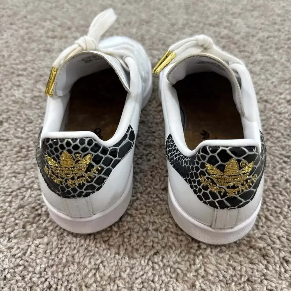 Adidas Stan Smith Womens 8 White Gold‎ Snake Heel Tab Leather Sneakers EUC